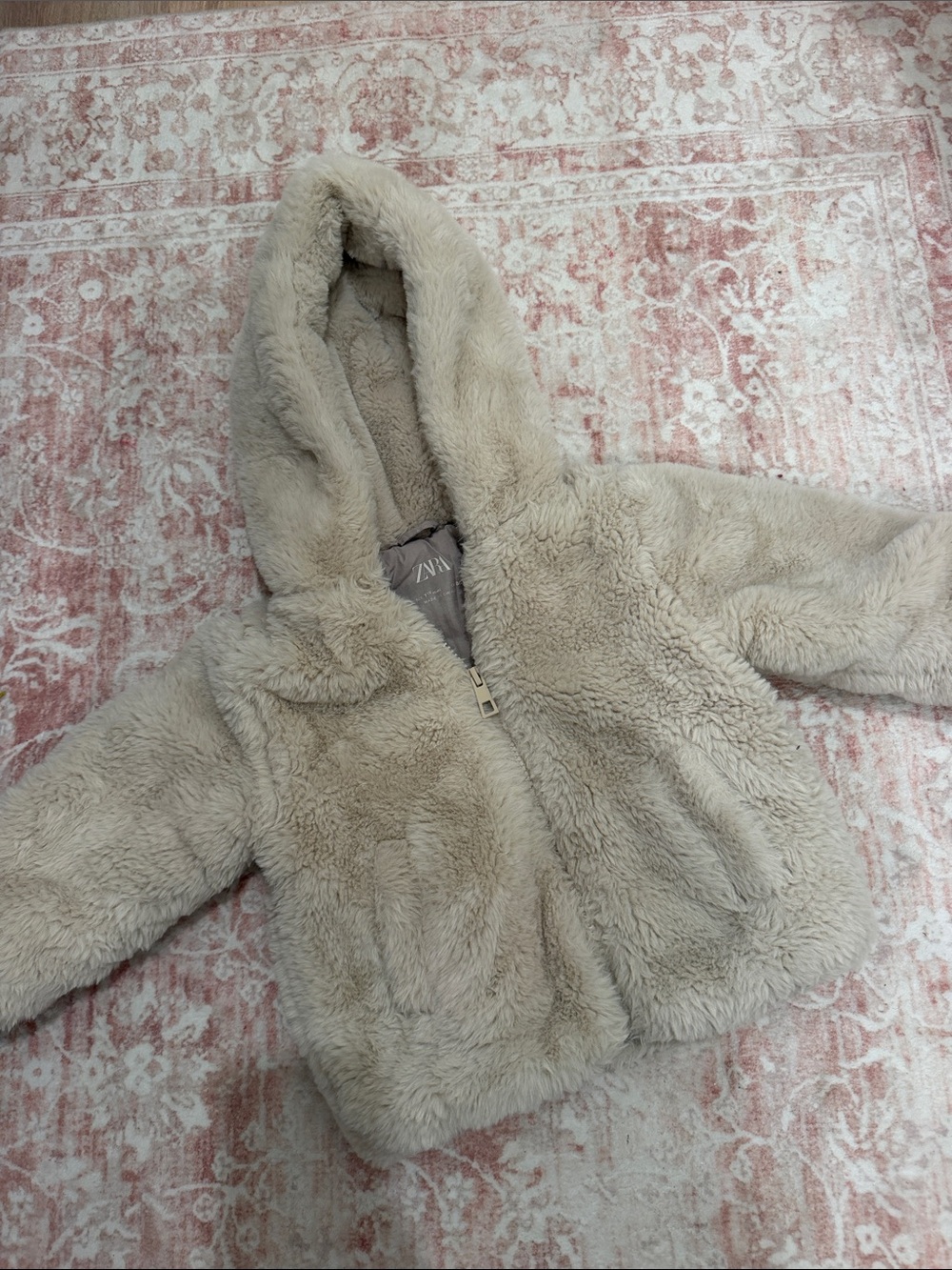 Zara Kids Cream Plush Faux-Fur Hooded Puffer